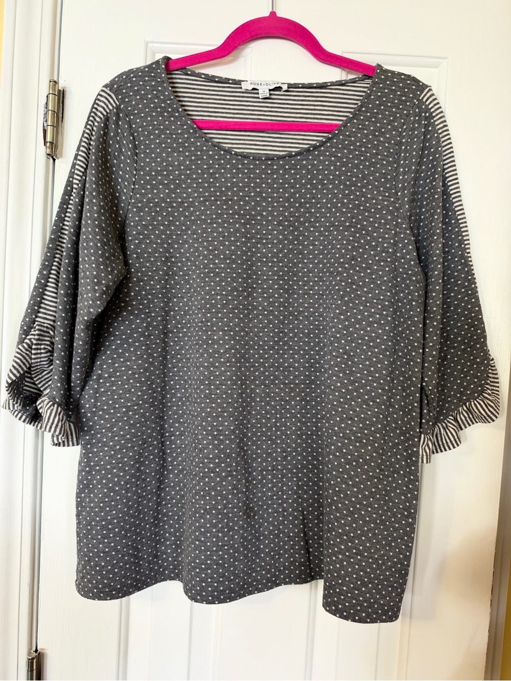 Rose & Olive Charcoal Gray Polka Dot Scoop Neck Top with Striped Sleeve Detail